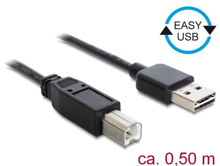 DeLock EASY-USB 2.0 Type-A male > USB 2.0 Type-B male cable 0,5m Black