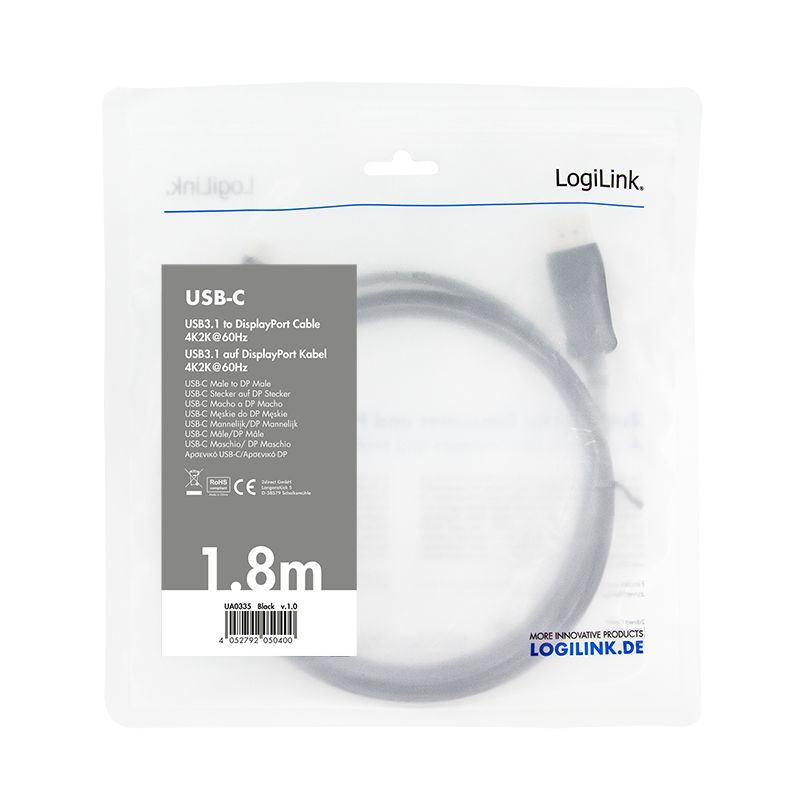 Logilink USB 3.2 Gen1 Type-C cable C/M to DP/M 4K/120Hz 1,8m Black