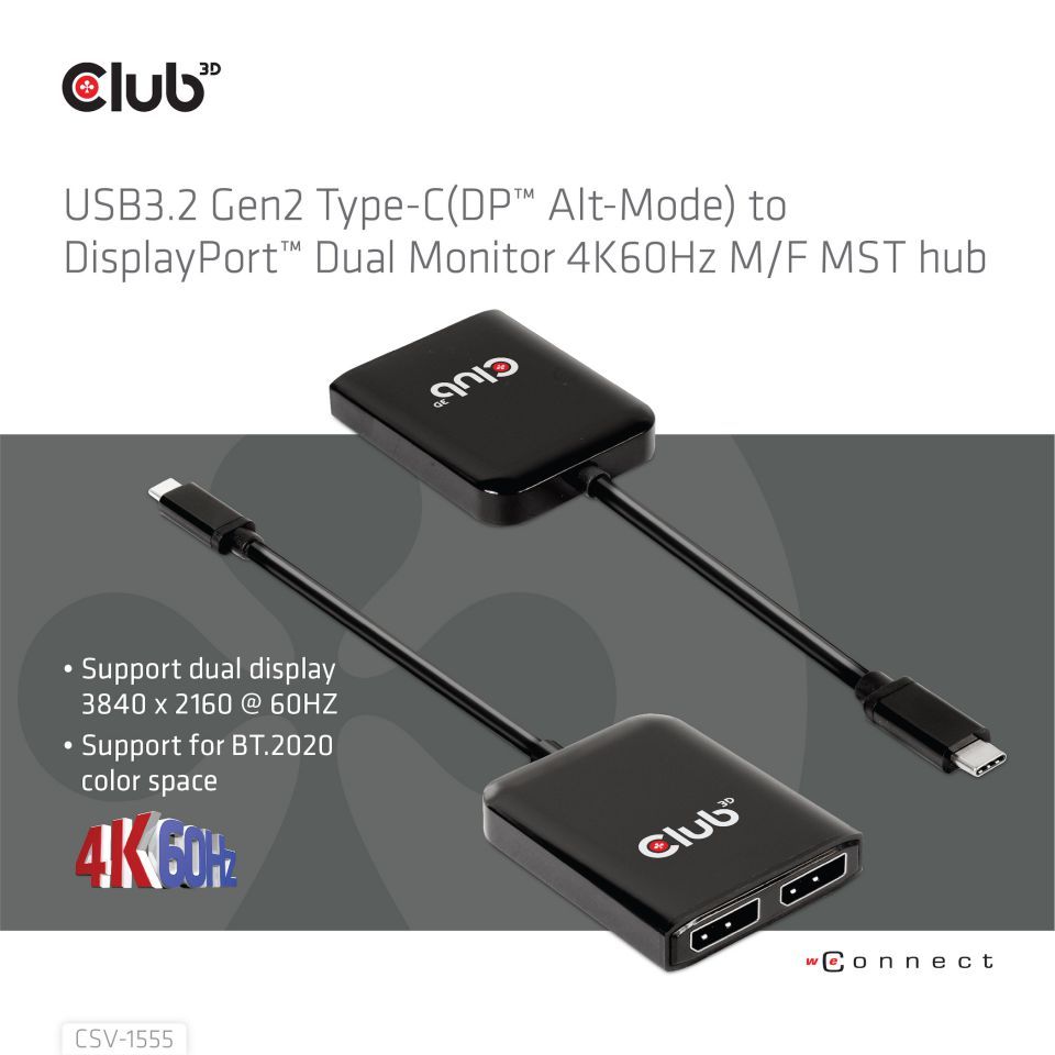 Club3D USB3.2 Gen2 Type-C(DP Alt-Mode) to DisplayPort Dual Monitor 4K60Hz M/F MST hub