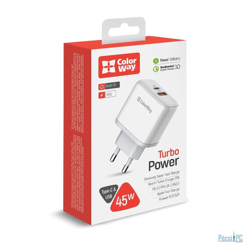 ColorWay USB töltő adapter Power Delivery Port PPS USB (Type-C PD + USB QC3.0) (45W) White