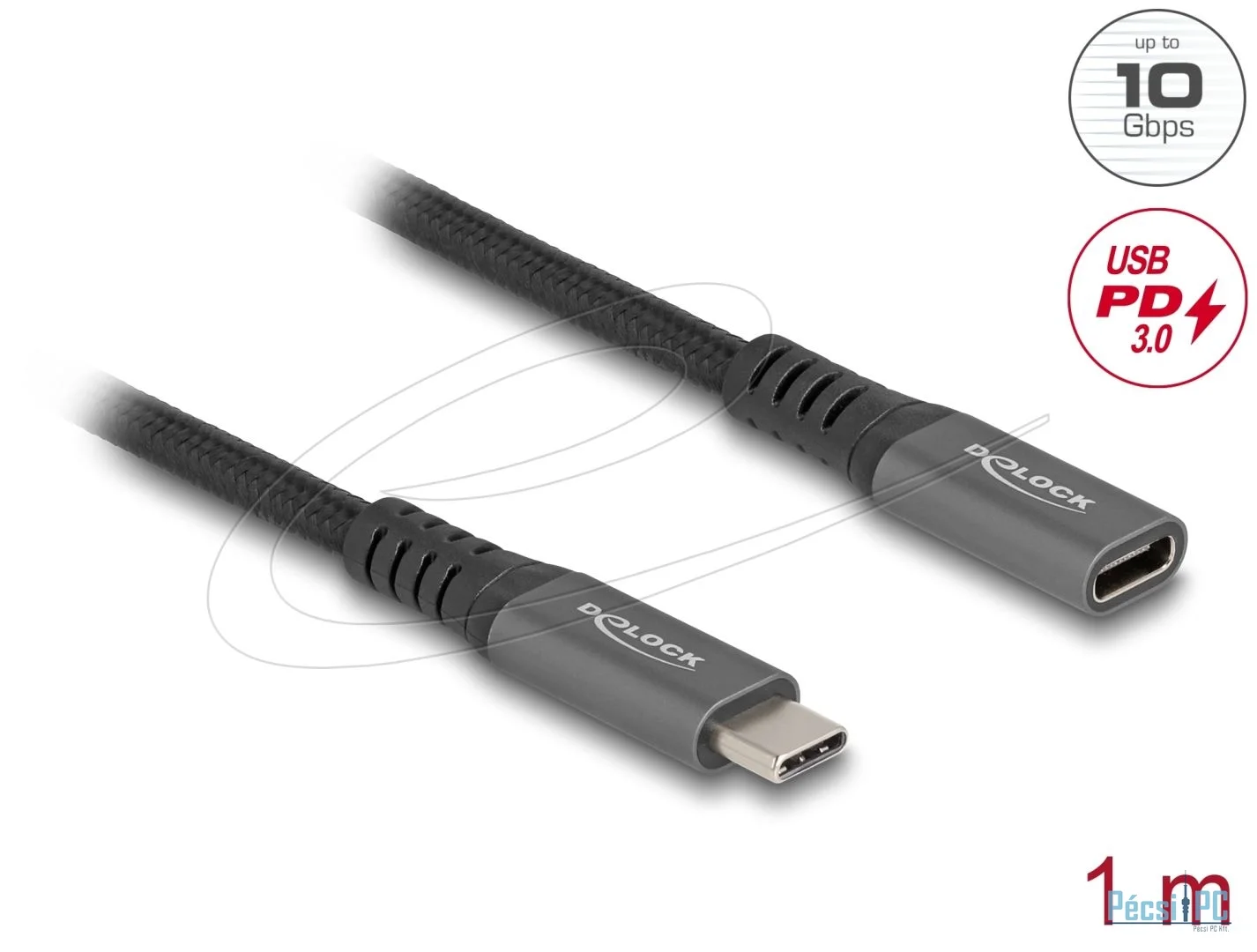 DeLock USB Type-C male to female PD 3.0 100W cable 1m Grey Metal