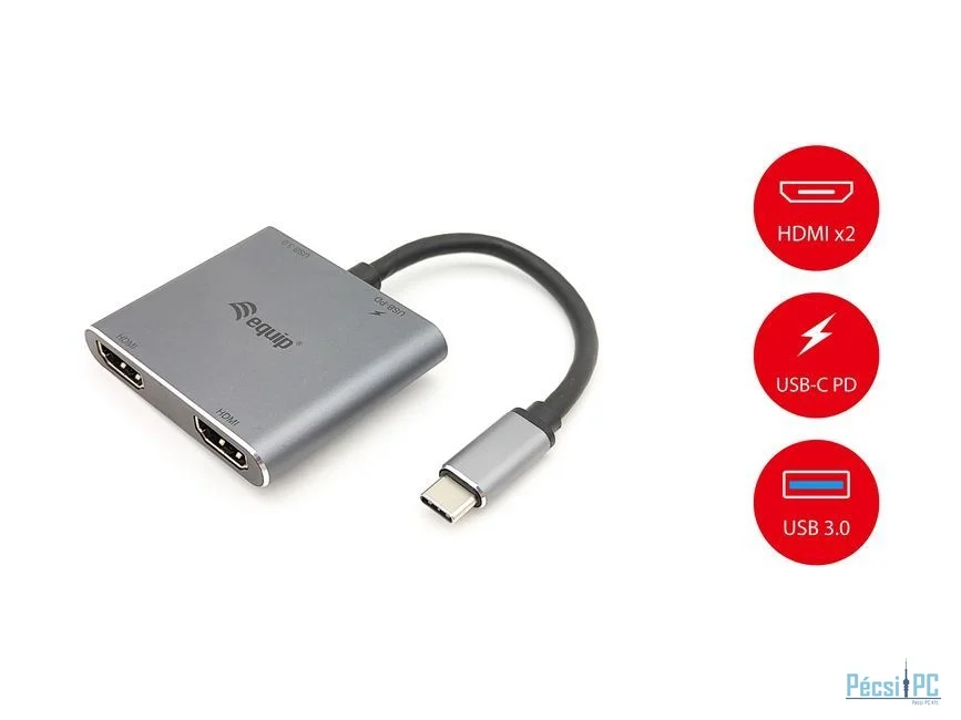 EQuip USB-C 4 in 1 Dual HDMI Adapter, USB 3.0, 100W USB PD Grey