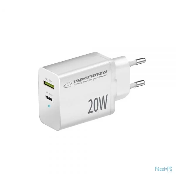 Esperanza Quich Power Charger 20W USB-C PD 20W / USB-A QC 3.0 18W White