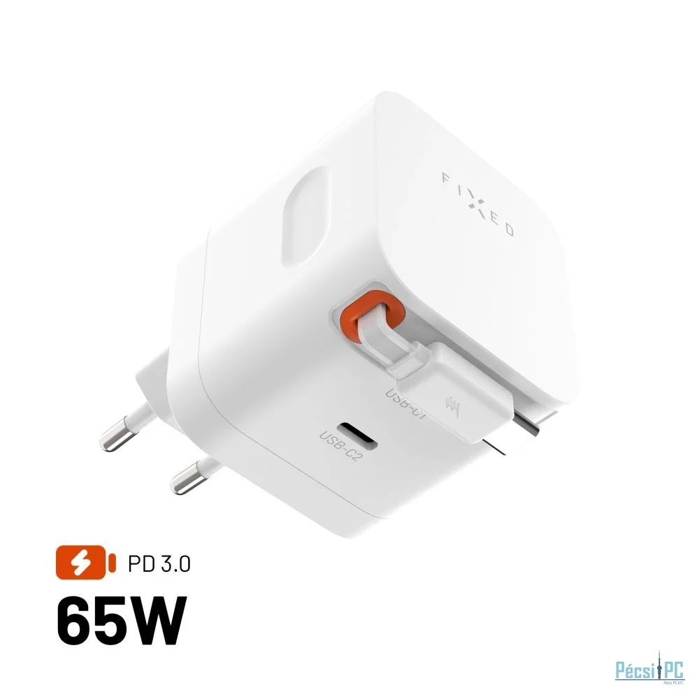 FIXED 2xUSB-C töltő visszahúzható kábellel, GaN PD 3.0 támogatással, 65W, fehér