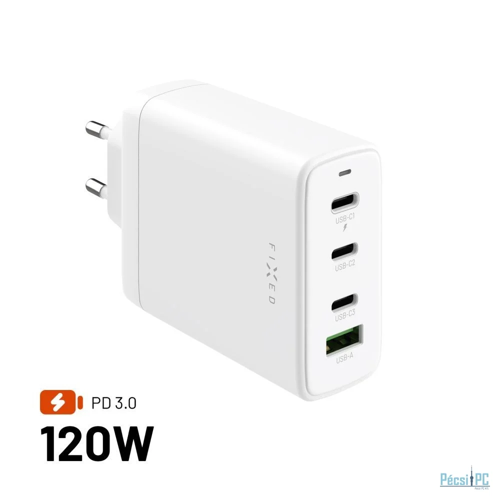 FIXED GaN 3xUSB-C/USB utazós töltő 120W, fehér