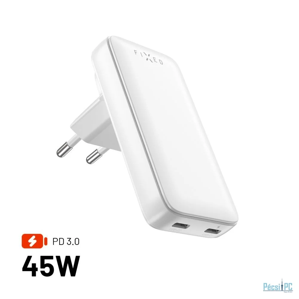 FIXED Slim Traveller 2xUSB-C utazási töltő világadapter GaN 45W, fehér