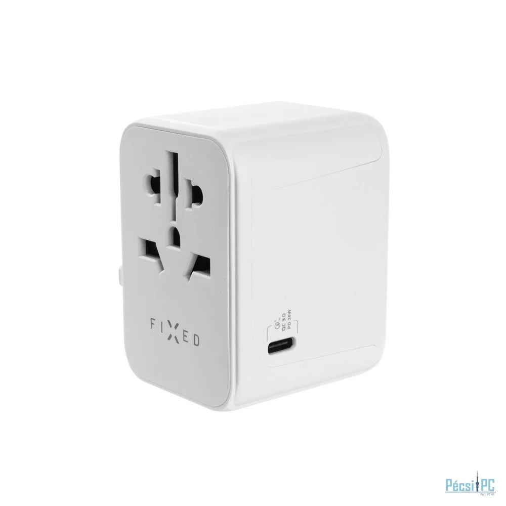 FIXED Utazóadapter EU, UK és USA/AUS számára, 1xUSB-C és 2xUSB kimenettel, GaN PD 30W fehér