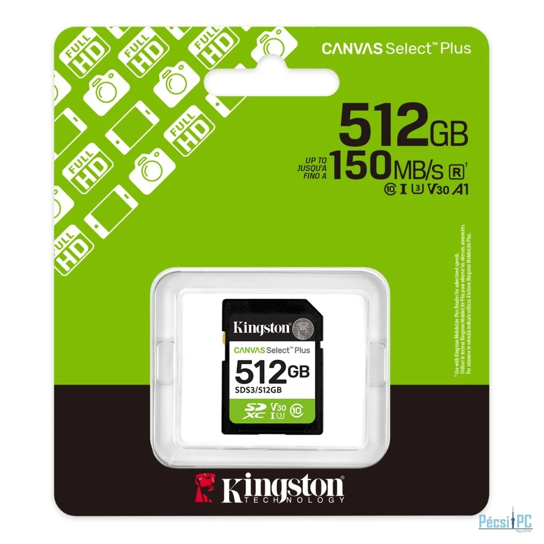 Kingston 512GB SDXC Canvas Select Plus Gen3 Class 10 UHS-I U3 V30 A1