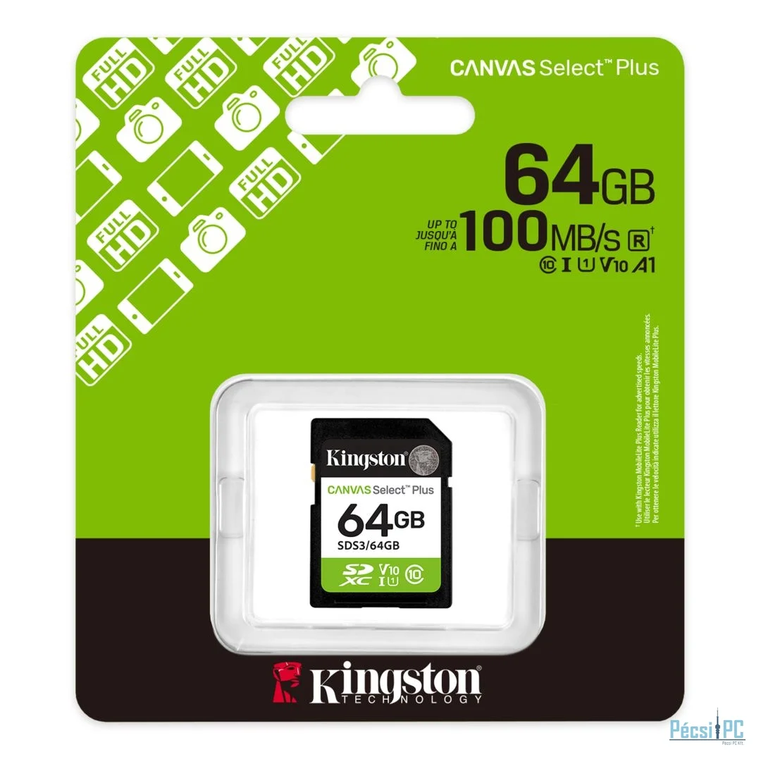Kingston 64GB SDXC Canvas Select Plus Gen3 Class 10 UHS-I U1 V10