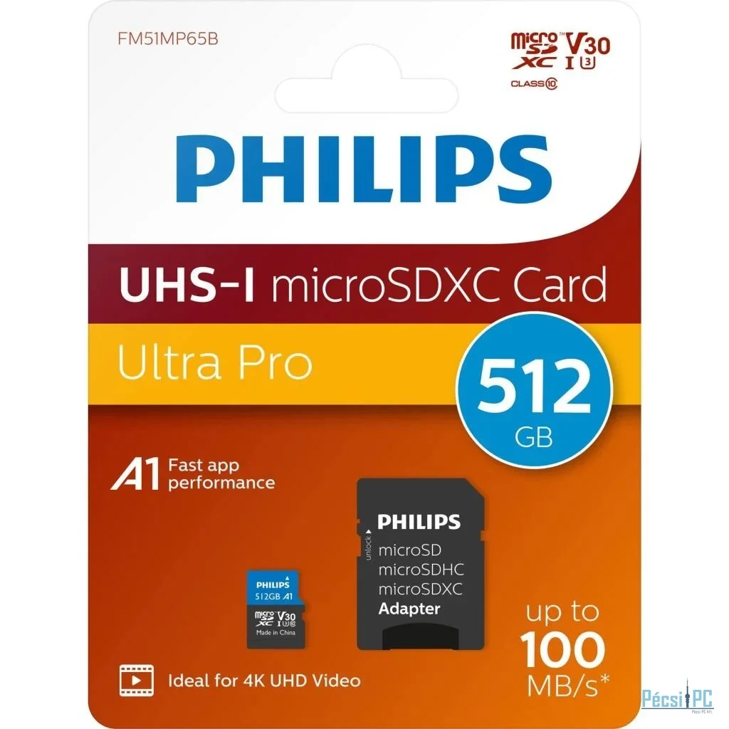 Philips 512GB microSDXC Ultra Pro Class10 UHS-I U3 V30 A1 + adapterrel