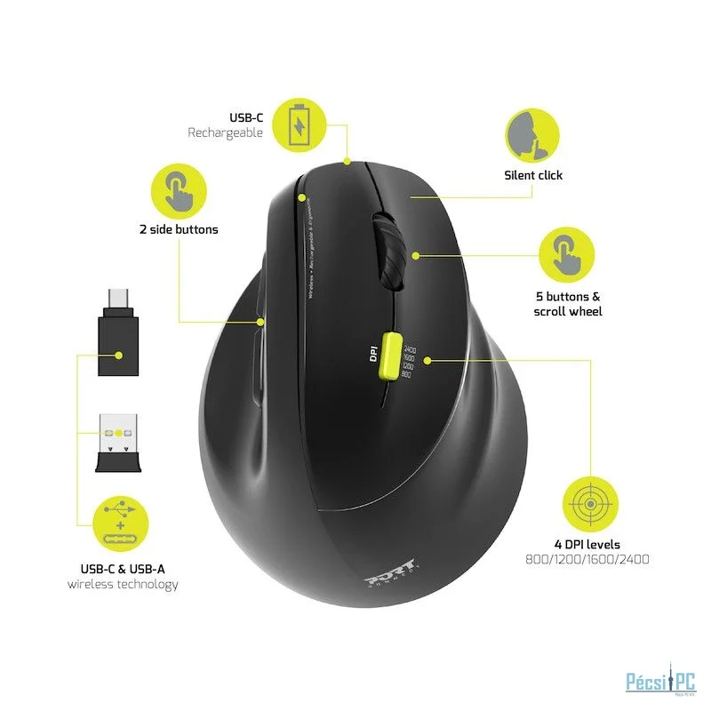 Port Designs Right-hand 2.4 GHz Bluetooth rechargeable Ergo Mouse Black