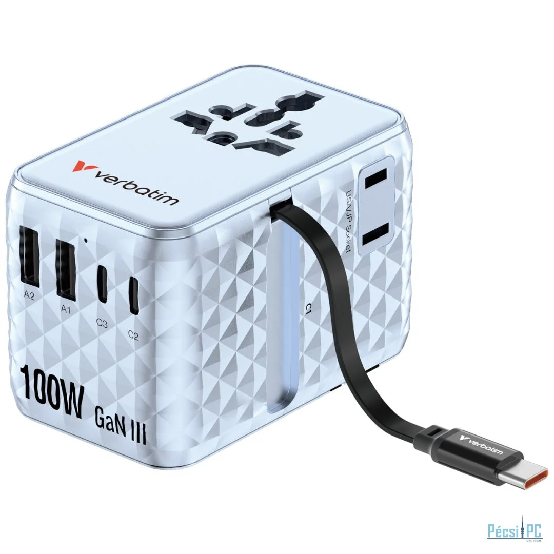 Verbatim Charge ''''n'''' Travel 100W GaN III Universal Travel Adapter with Retractable USB-C Cable Blue