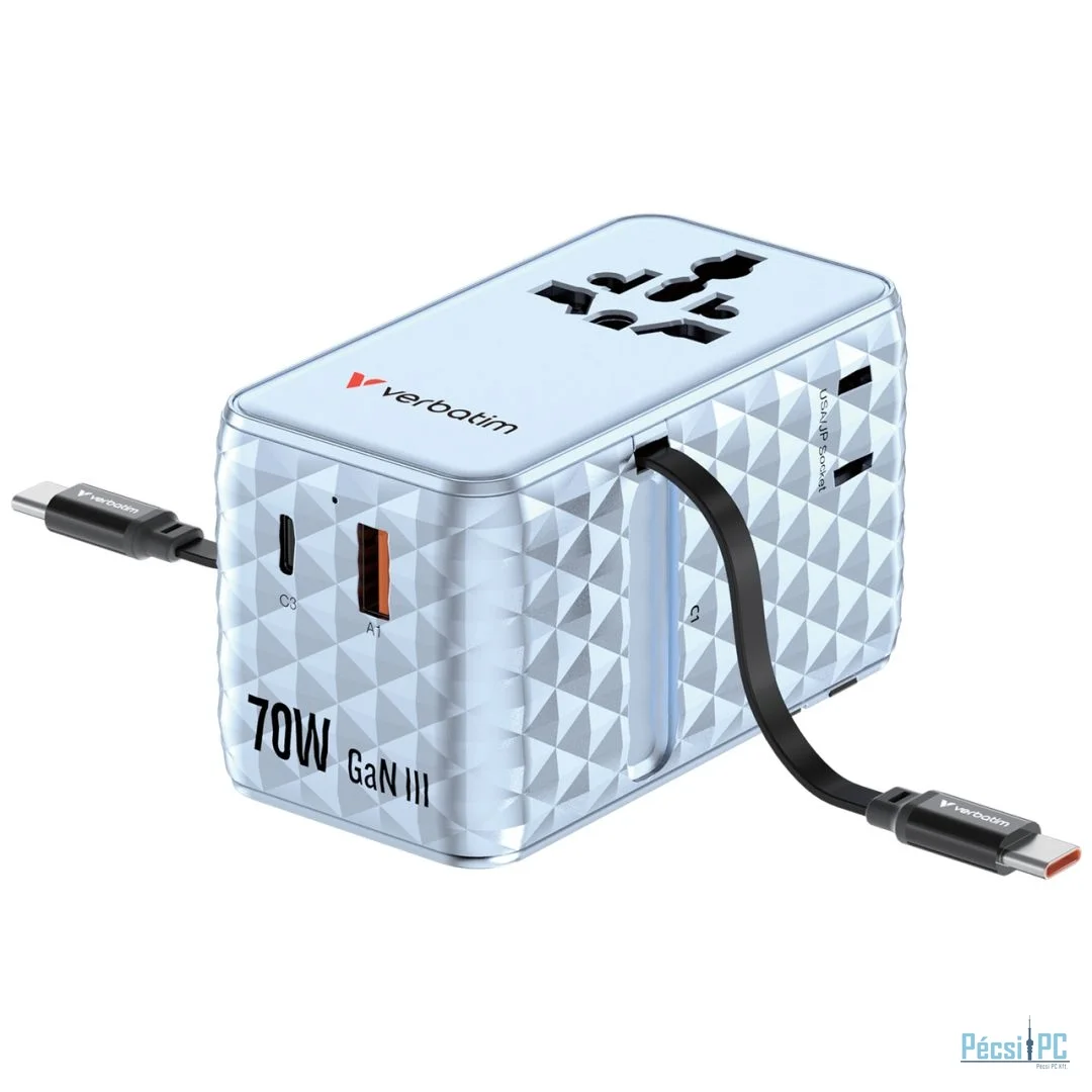 Verbatim Charge ''''n'''' Travel 70W GaN III Universal Travel Adapter with 2 Retractable USB-C Cables Blue