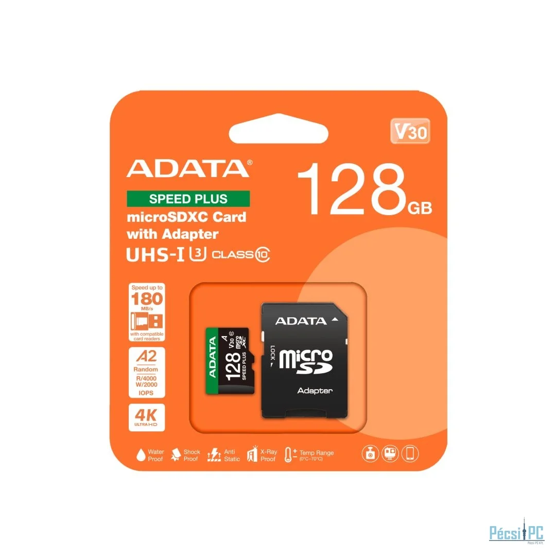 A-Data 128GB microSDXC Speed Plus Class 10 UHS-I U3 V30 + adapterrel