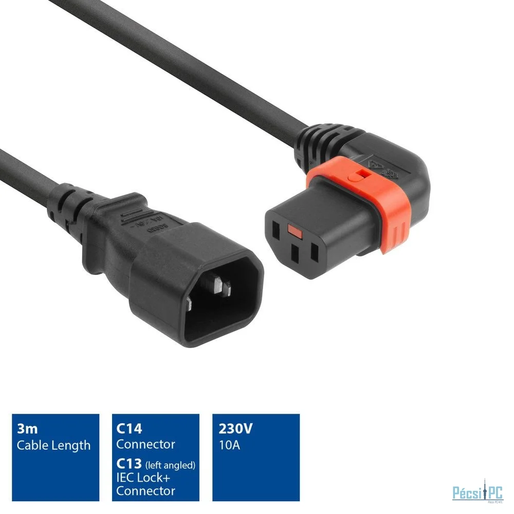 ACT Powercord C14 - C13 IEC Lock (left angled) 3m Black