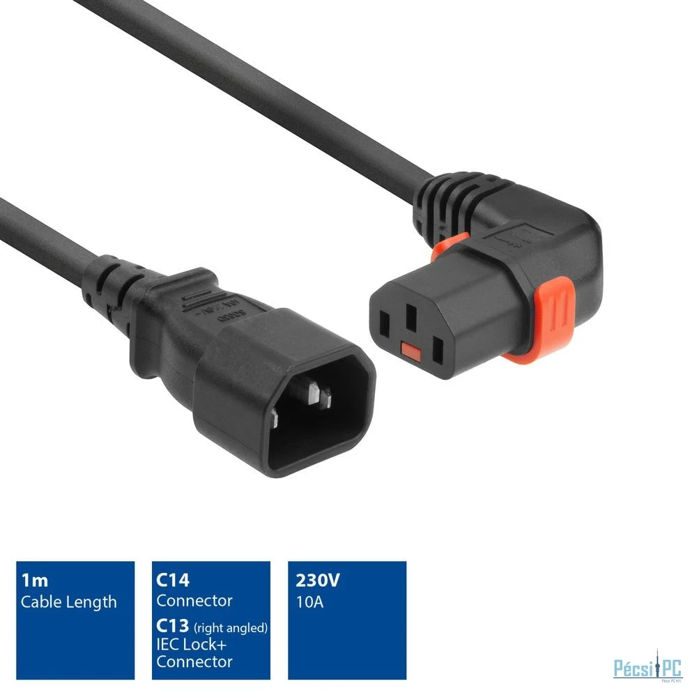 ACT Powercord C14 - C13 IEC Lock (right angled) 1m Black