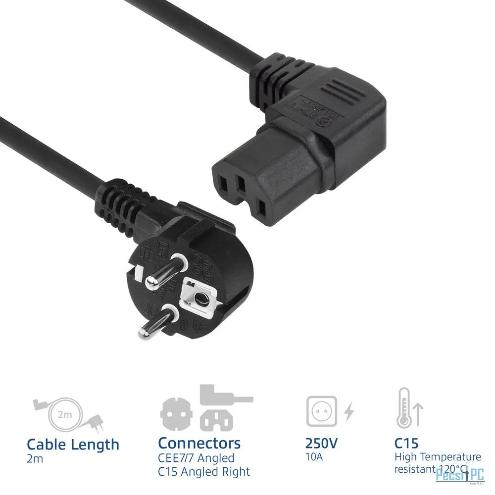 ACT Powercord mains connector Schuko CEE 7/7 male (angled) - C15 (angled right) IEC 60320 2m Black