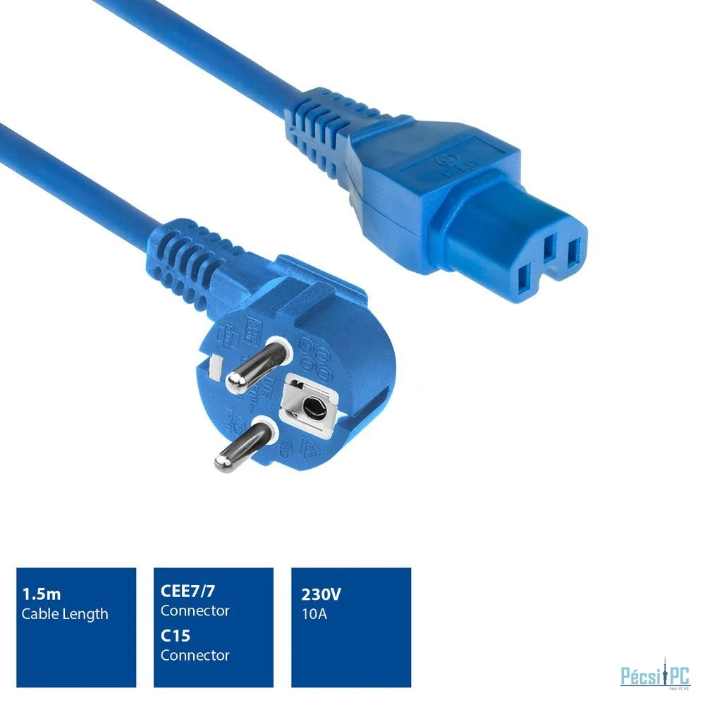 ACT Powercord mains connector Schuko CEE 7/7 male (angled) - C15 IEC 60320 1,5 m Blue