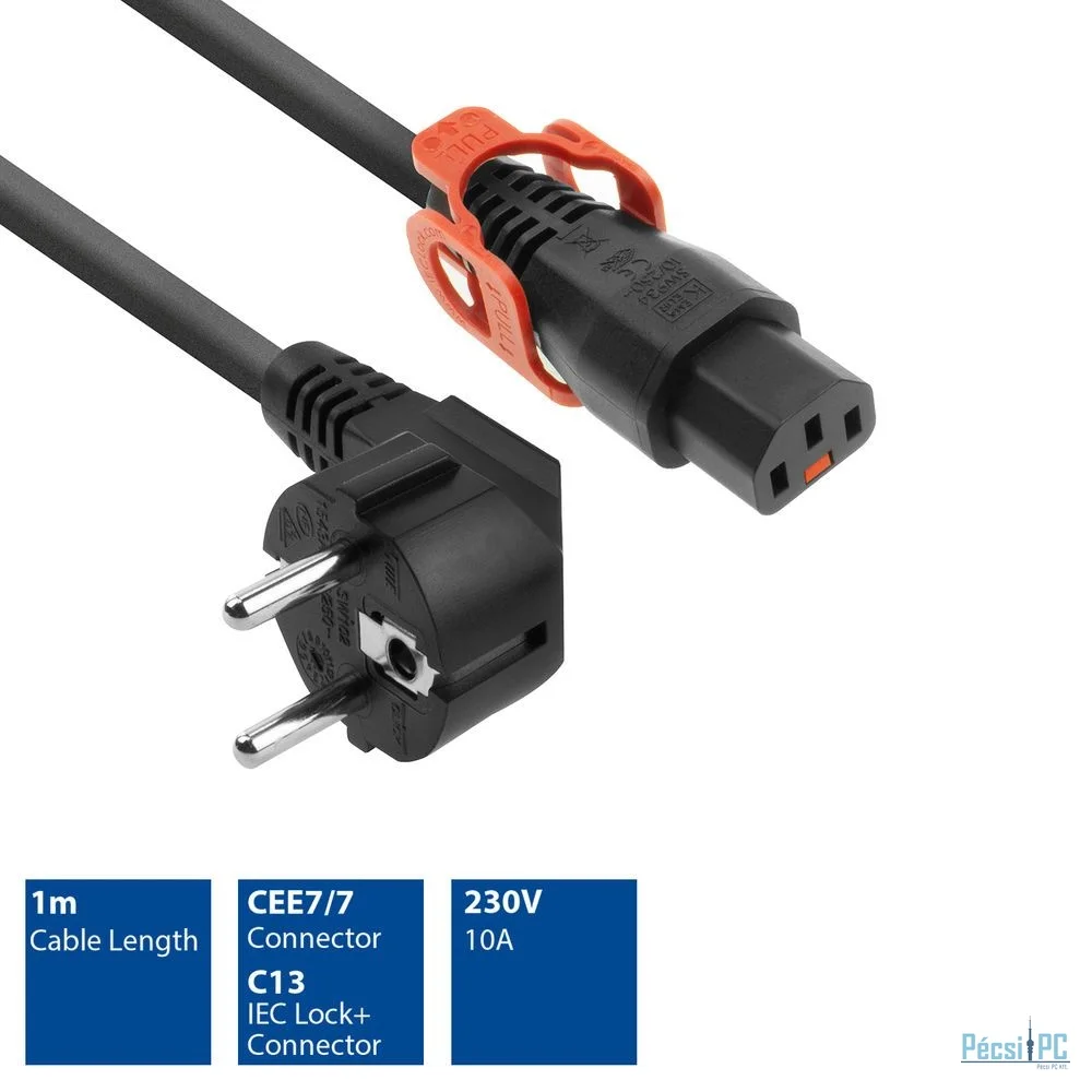 ACT Powercord Schuko CEE 7/7 male (angled) - C13 IEC Lock+ 1m Black