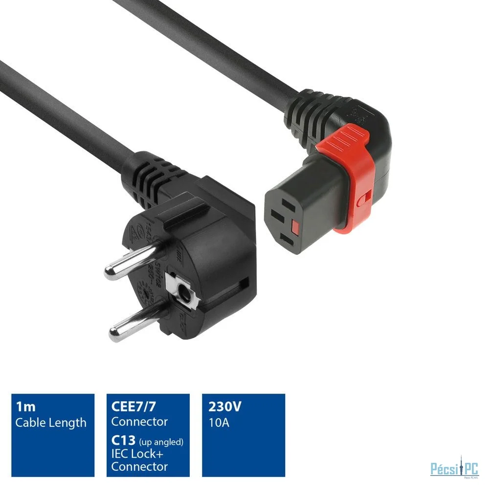 ACT Powercord Schuko CEE 7/7 male (angled) - C13 IEC Lock (up angled) 1m Black