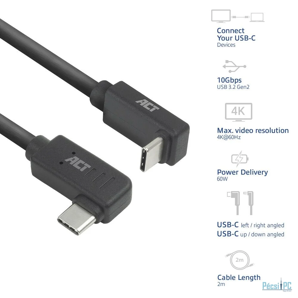 ACT USB 3.0 60W USB Type-C (left/right angled) to USB Type-C (up/down angled) Cable 2m Black