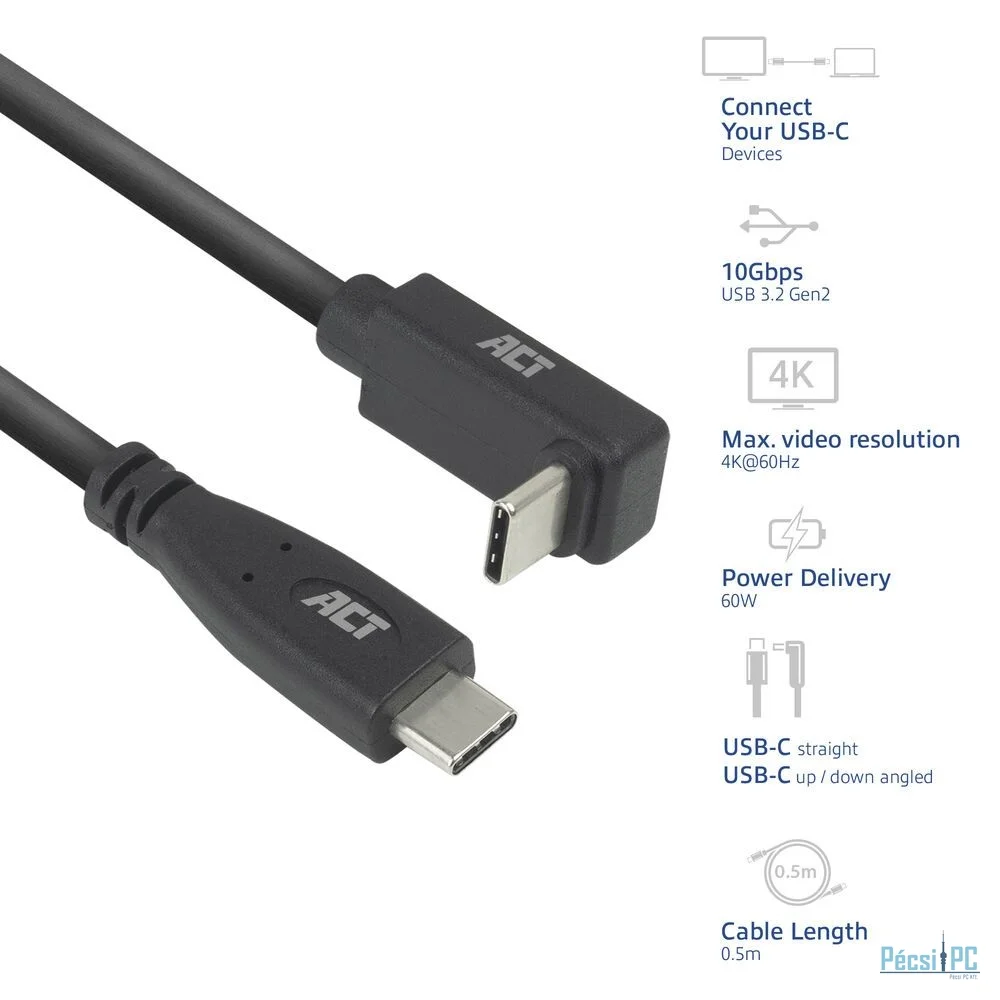 ACT USB 3.0 60W USB Type-C (straight) to USB Type-C (left/right angled) Cable 0,5m Black