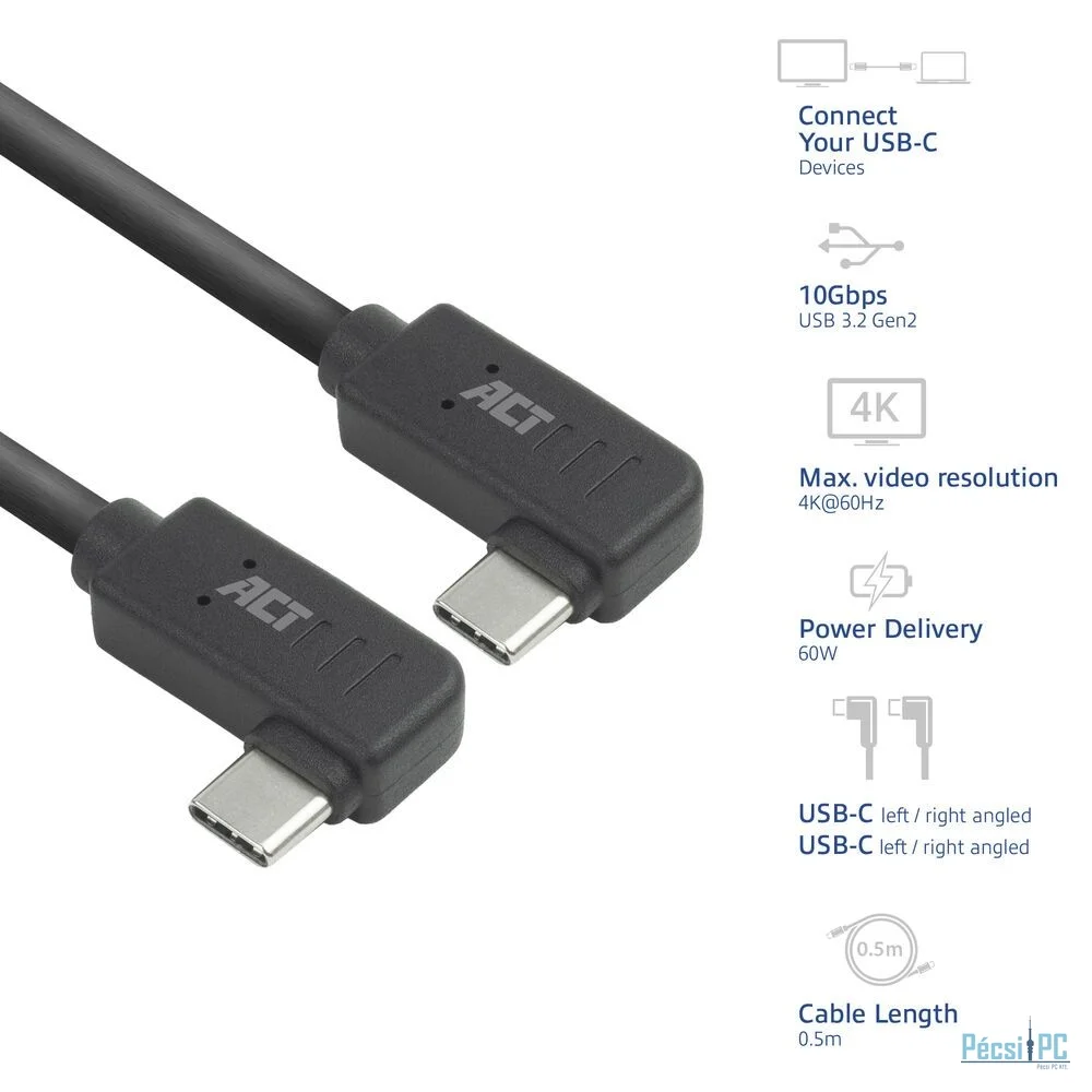 ACT USB 3.0 60W USB Type-C (left/right angled) to USB Type-C (left/right angled) Cable 0,5m Black