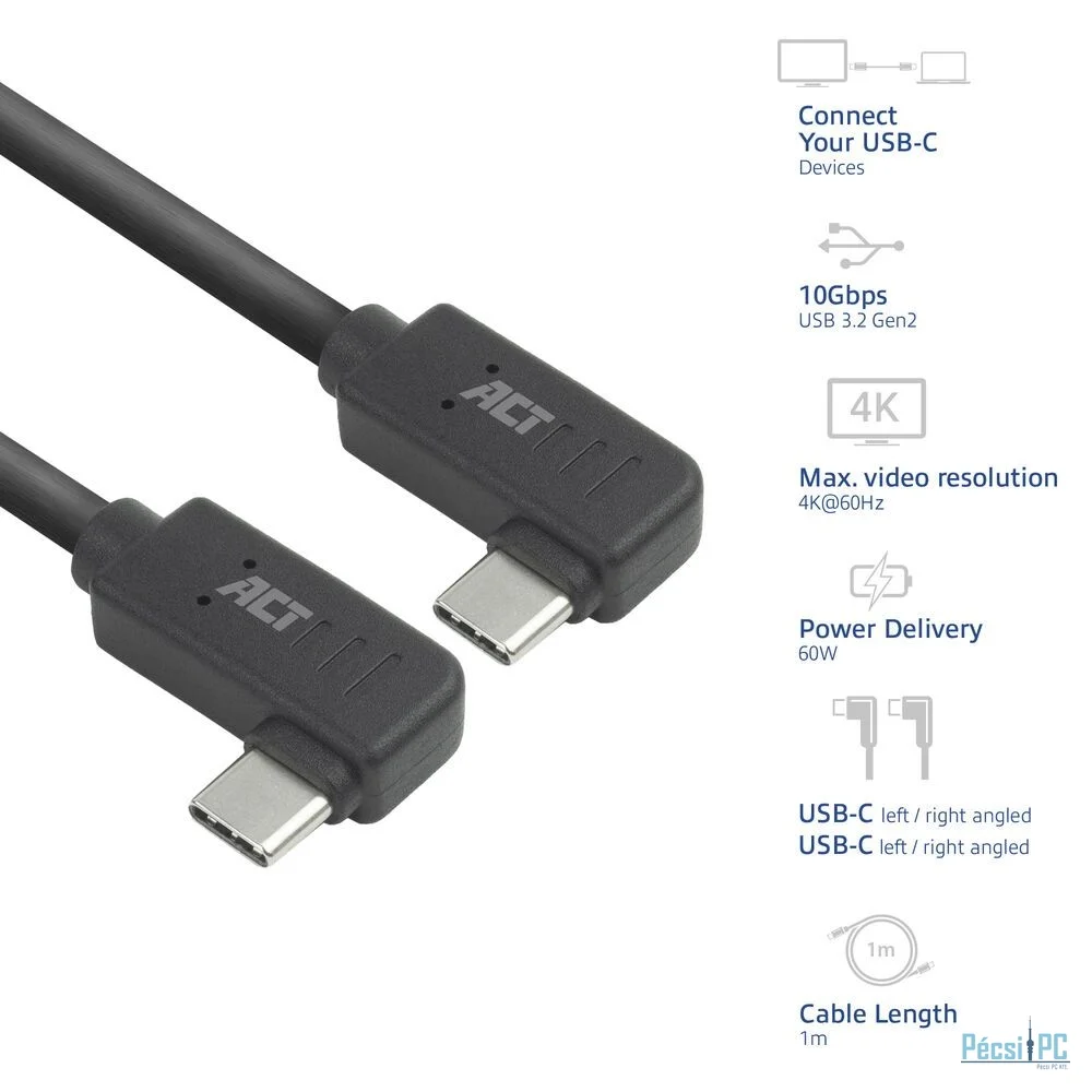 ACT USB 3.0 60W USB Type-C (left/right angled) to USB Type-C (left/right angled) Cable 1m Black