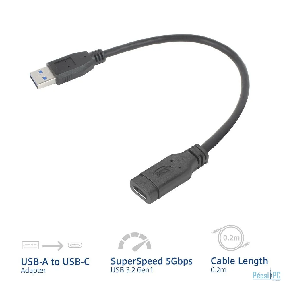 ACT USB Type-A male to USB Type-C female adapter cable 0,2m Black