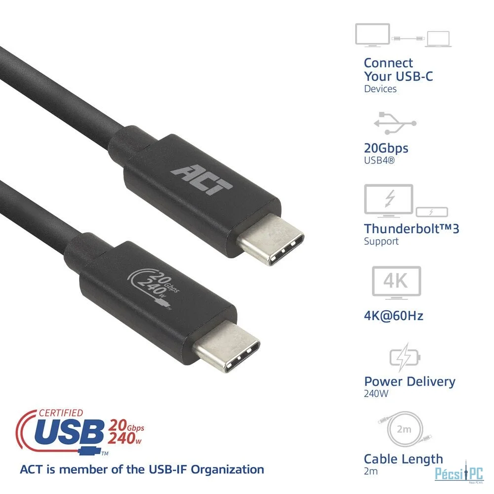 ACT USB4 20Gbps 240W USB Type-C Cable USB-IF certified 2m Black