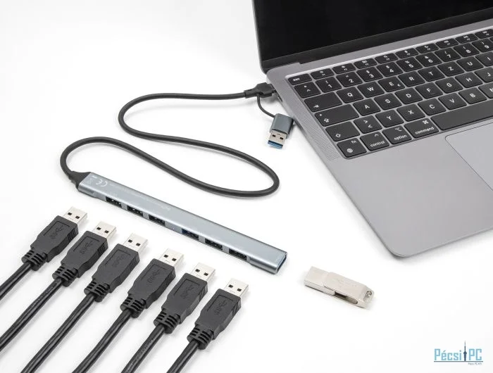 DeLock 7 Port Slim USB Hub with USB Type-C or USB Type-A to 1x USB 5 Gbps Type-A + 6x USB 2.0 Type-A
