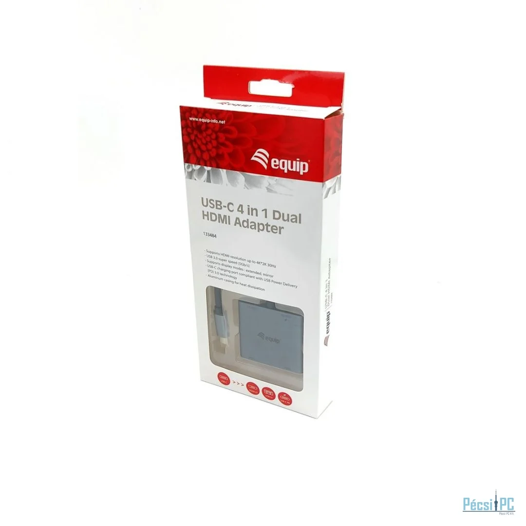 EQuip USB-C 4 in 1 Dual HDMI Adapter, USB 3.0, 100W USB PD Grey