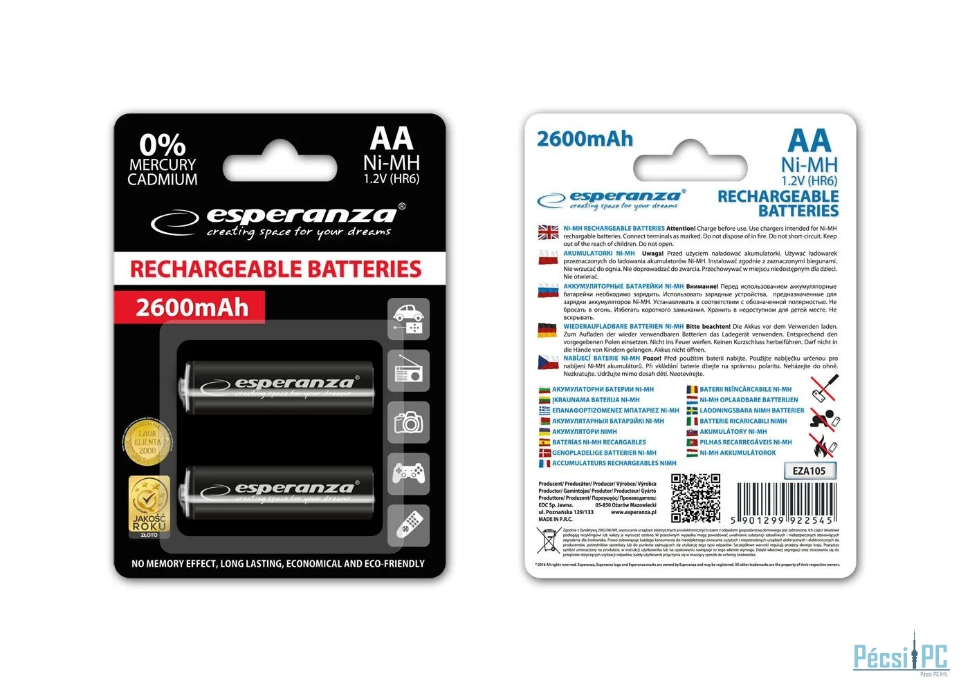 Esperanza 2600mAh AA Ni-MH akkumulátor 2db/csomag Black