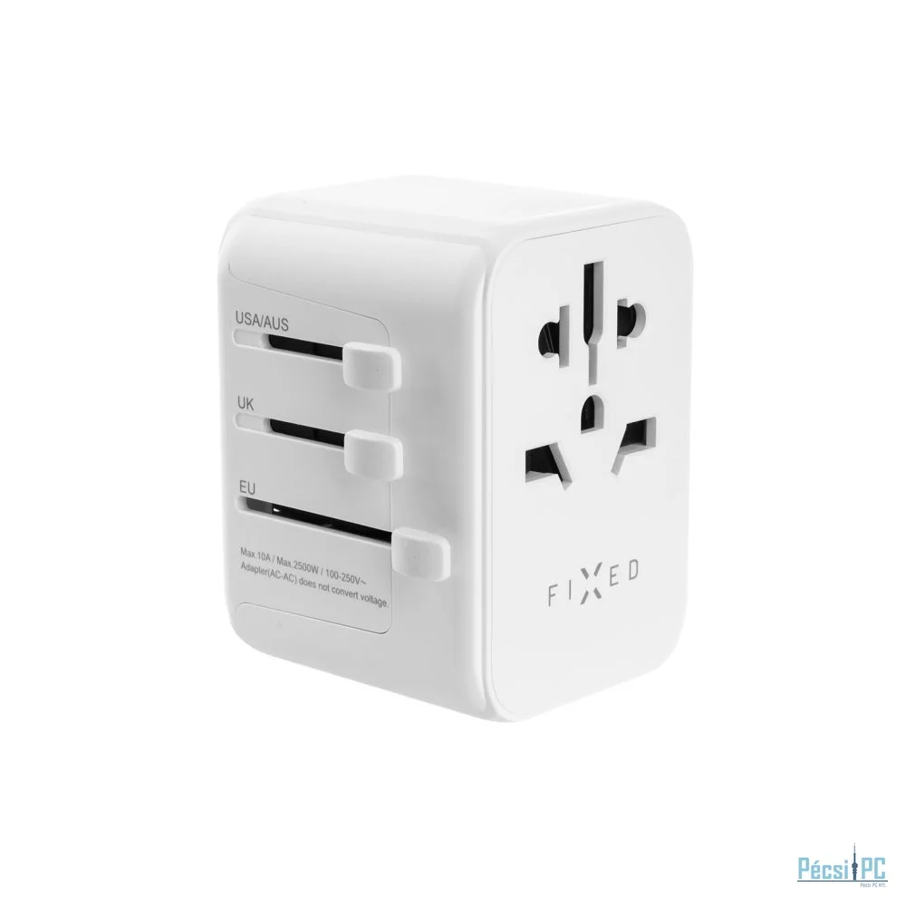 FIXED Utazóadapter EU, UK és USA/AUS számára, 1xUSB-C és 2xUSB kimenettel, GaN PD 30W fehér