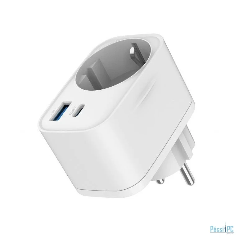 Gembird TA-ACPDQC20-01-W 2-port USB fast charger with pass-through AC socket 20W White