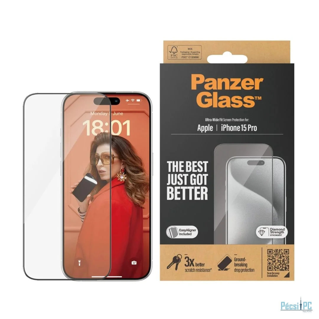 PanzerGlass Screen Protector for iPhone 15 Pro UWF w EasyAligner