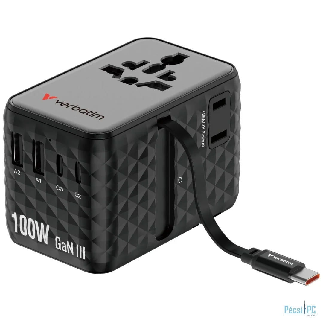 Verbatim Charge ''n'' Travel 100W GaN III Universal Travel Adapter with Retractable USB-C Cable Black
