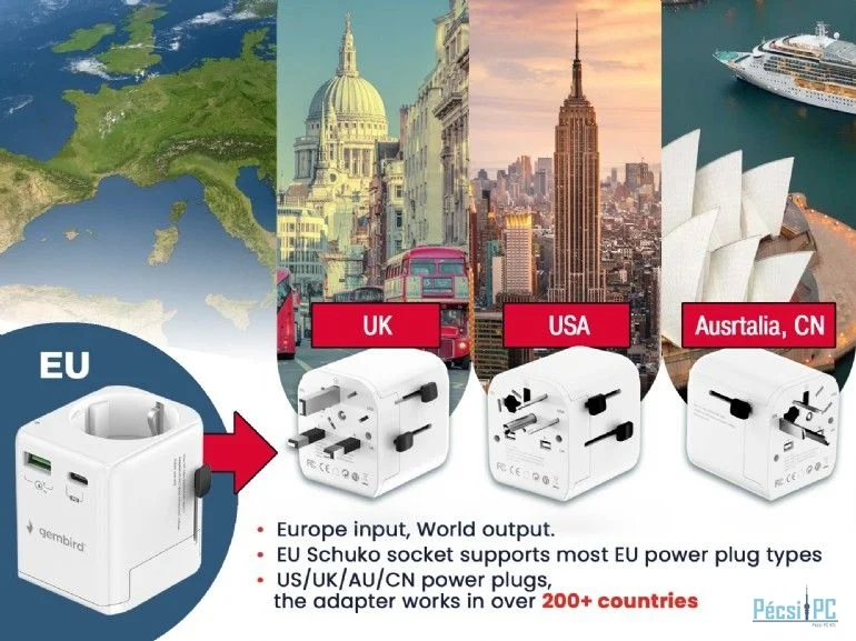 Gembird Grounded universal travel power adapter 20W White