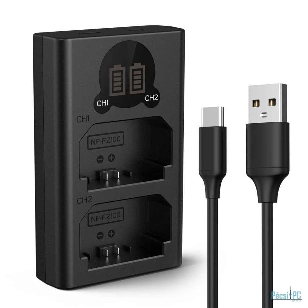 K&F Concept hordozható dupla BC-QZ1 akkumulátor töltő, LCD, USB-C, 2db FZ100 akkumulátorhoz