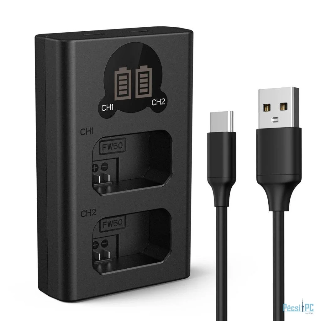 K&F Concept hordozható dupla BC-TRW akkumulátor töltő, LCD, USB-C, 2db FW50 akkumulátorhoz