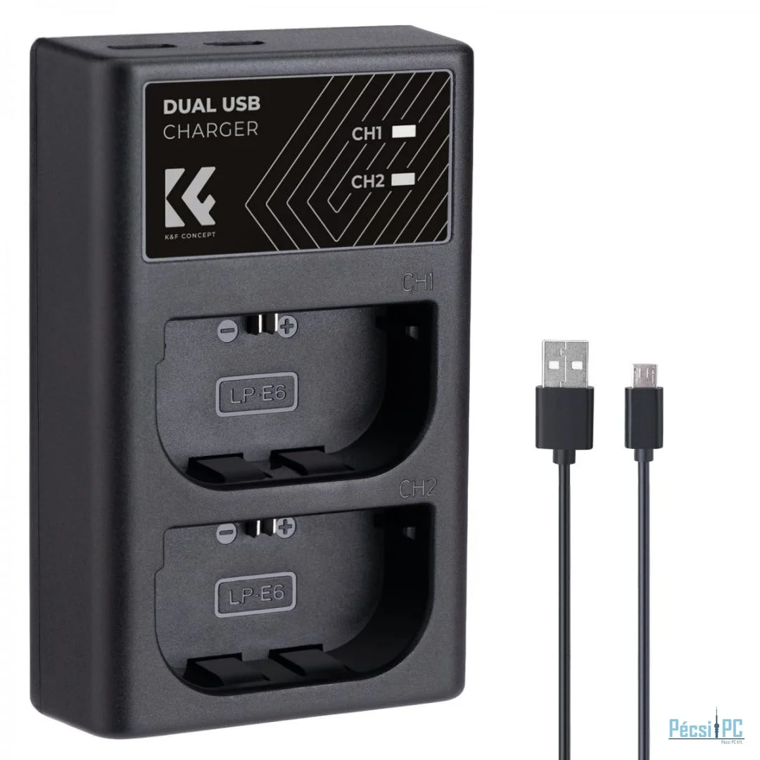 K&F Concept hordozható dupla LC-E6 akkumulátor töltő, USB-C, 2db LP-E6NH akkumulátorhoz