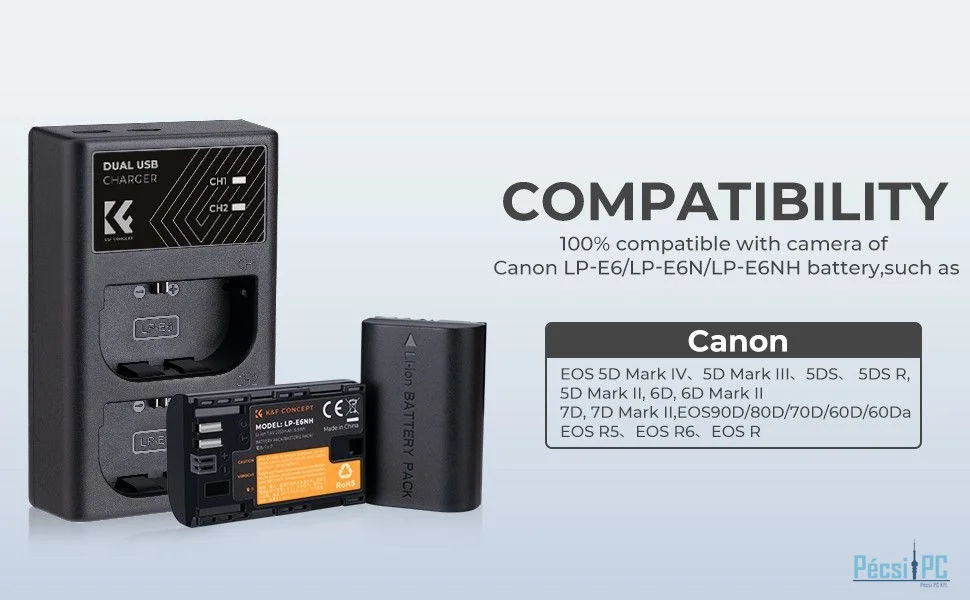 K&F Concept hordozható dupla LC-E6 akkumulátor töltő, USB-C, 2db LP-E6NH akkumulátorhoz