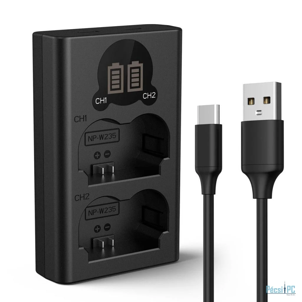 K&F Concept hordozható dupla NP-W235 akkumulátor töltő, LCD, USB-C, 2db NP-W235 akkumulátorhoz