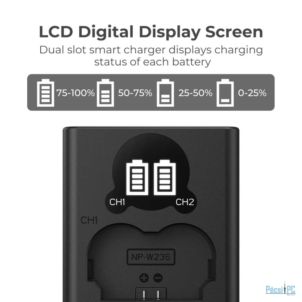 K&F Concept hordozható dupla NP-W235 akkumulátor töltő, LCD, USB-C, 2db NP-W235 akkumulátorhoz