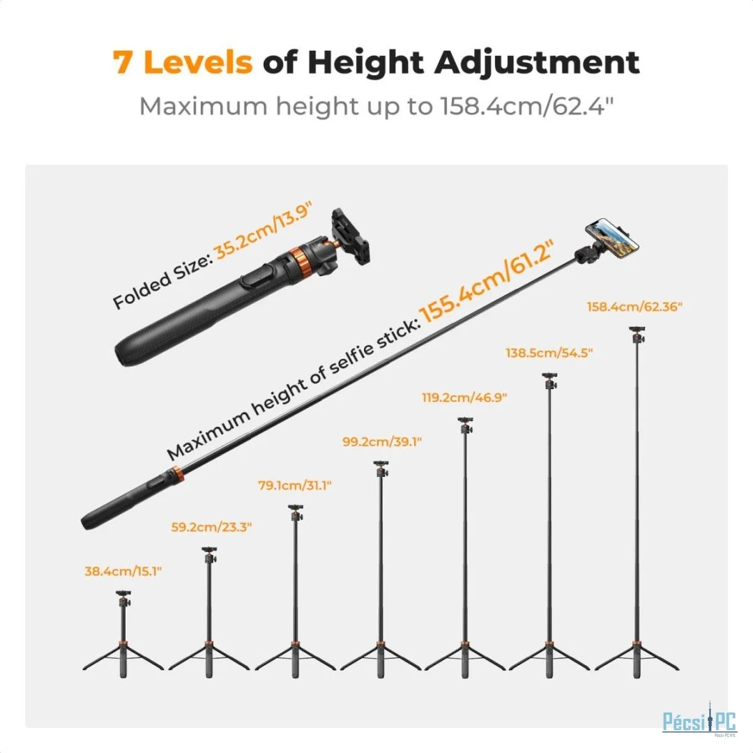 K&F Concept Tripod Phone Selfie Stick with Bluetooth Remote Control + Gopro Adapter Black/Orange