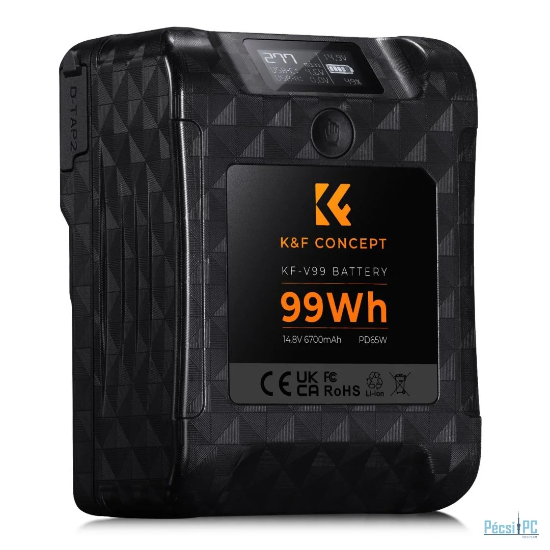 K&F Concept V-Mount akkumulátor, 99Wh, 14.8V, 6700mAH, PD65W, oled kijelző