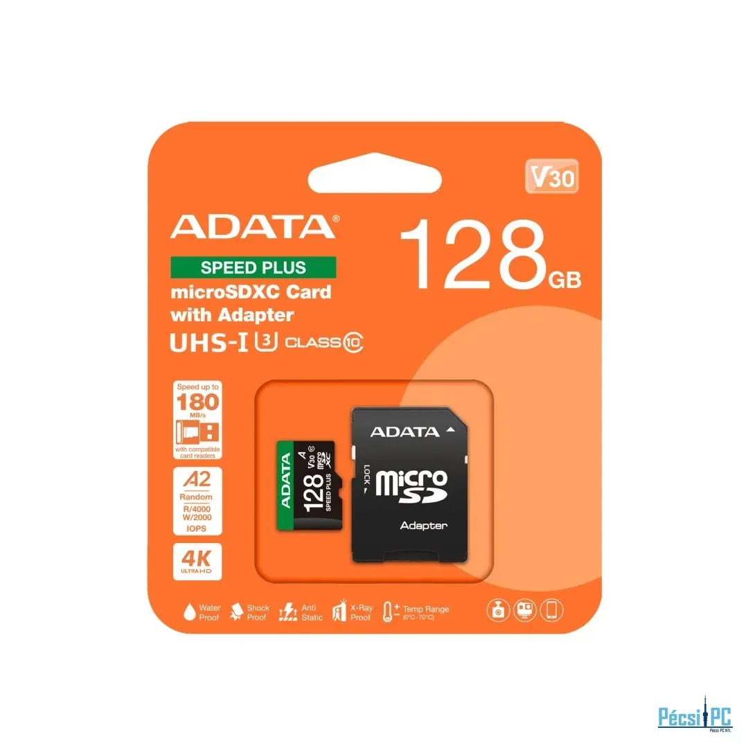 A-Data 128GB microSDXC Speed Plus Class 10 UHS-I U3 V30 + adapterrel