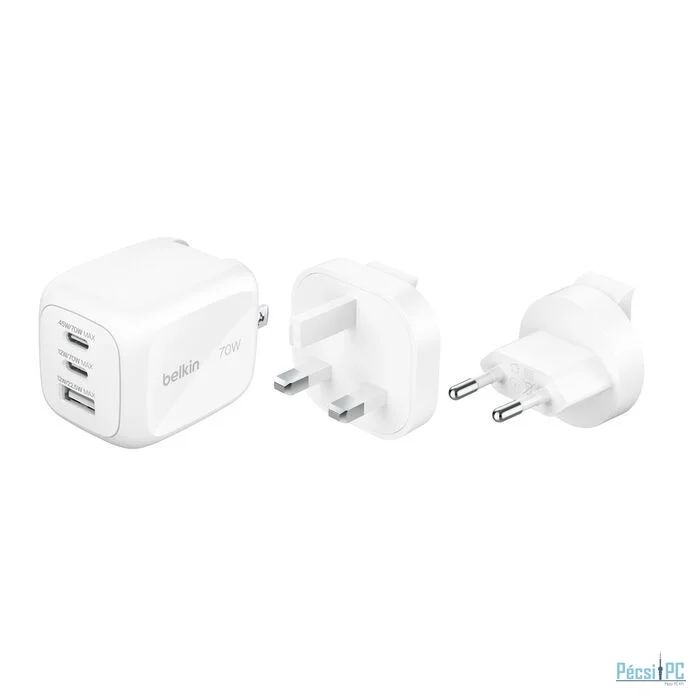 Belkin 3-Port GaN Wall Charger 70W+Travel Adapter Kit White