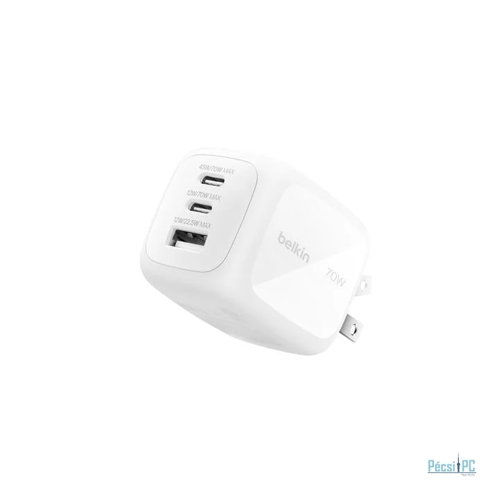 Belkin 3-Port GaN Wall Charger 70W+Travel Adapter Kit White