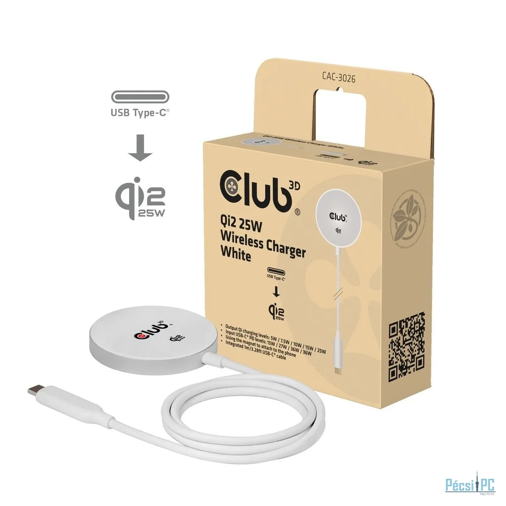 Club3D Club3D Ladegerät wireless Qi2 USB-C 25Watt,  weiß retail